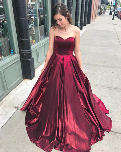 Burgundy Satin Sweetehart A-Line Long Prom Dress with Pockets JKZ8307|Annapromdress