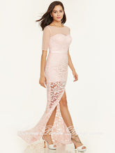 Cheap Prom Dresses Slit Sheath Short Sleeve Pearl Pink Peach Lace Long Prom Dress 412705