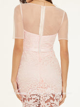 Cheap Prom Dresses Slit Sheath Short Sleeve Pearl Pink Peach Lace Long Prom Dress 412705