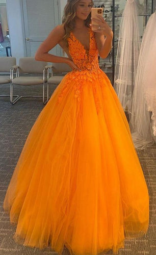 Orange V-neck Tulle Long Prom Formal Dresses with Appliques and Beading ZXS388