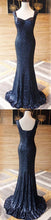Navy Blue Straps Sleeveless Sequin Prom Dresses Mermaid Evening Dresses NA5008|LOMANPROM