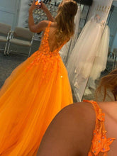 Orange V-neck Tulle Long Prom Formal Dresses with Appliques and Beading ZXS388