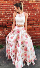 Two Pieces Lace Bodice Printed Flower Skirt Long Evening Prom Dresses JKG015|Annapromdress