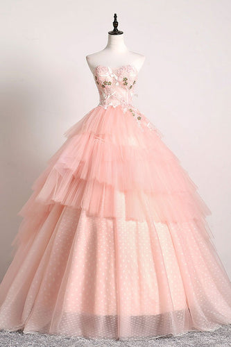 Pink Sweetheart Lace Tulle Long Prom Gown Pink Tulle Formal Dress LBQX1119