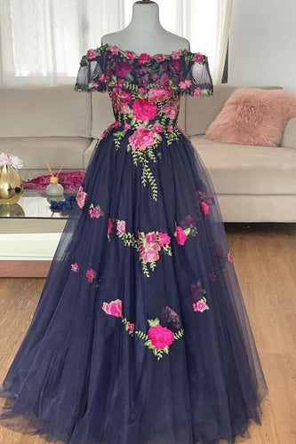 Blue Tulle Off-the-Shoulder Lace Long Prom Dress Evening Dress JKT301|Annapromdress