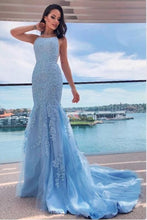 Halter Sky Blue Tulle Lace Appliques Mermaid Long Prom Dresses GJS442
