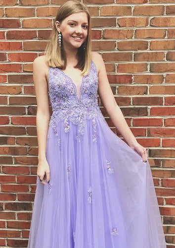 Purple Tulle Long Prom Formal Dresses with Appliques and Beading GJS389