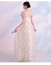 Short Sleeve Prom Dresses A Line Floor-length V-neck Stars Lace Long Prom Dress JKL1407|Annapromdress