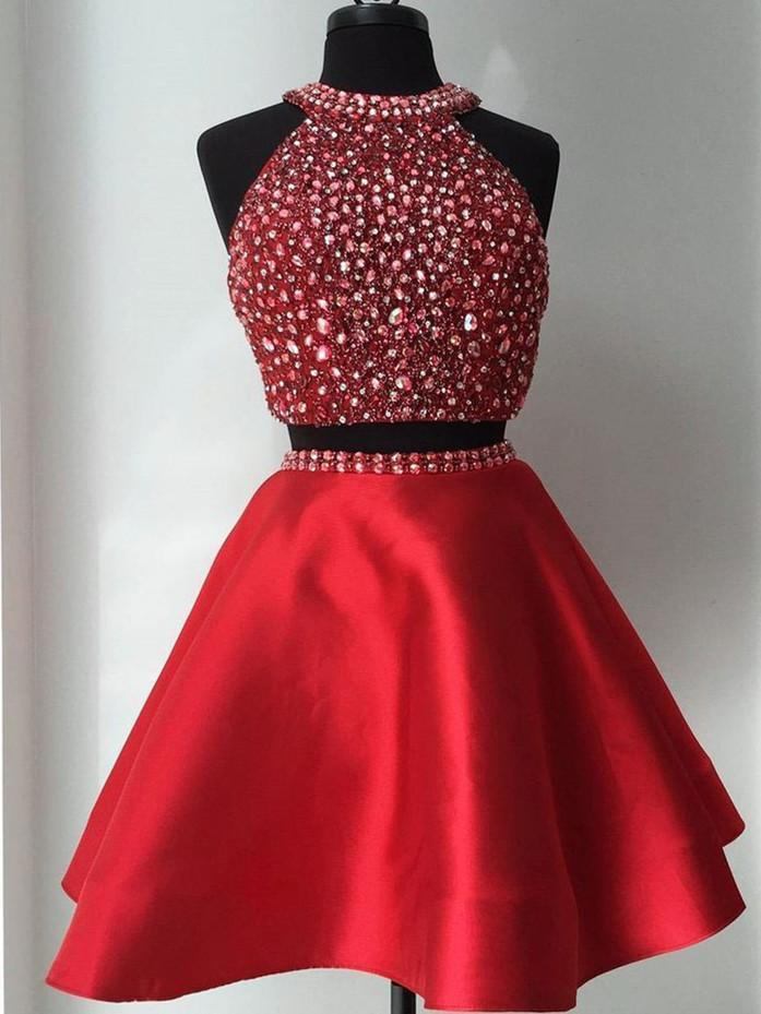 two piece holiday dress Two Piece Homecoming Dresses Halter Rhinestone Red Short Prom Dress Party  Dress JK847|Annapromdress – Anna PromDress
