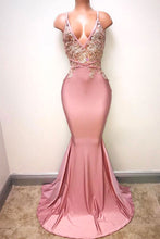 Pink V Neck Lace Beads Mermaid Long Prom Dress JKP307