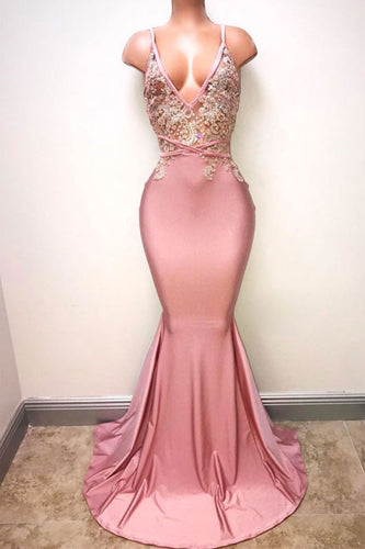 Pink V Neck Lace Beads Mermaid Long Prom Dress JKP307
