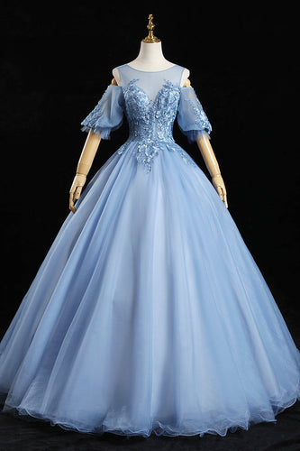 Blue Appliqued Ball Gown Jewel Tulle Off-the-shoulder Long Prom Dress GJS472