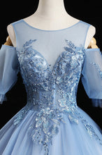 Blue Appliqued Ball Gown Jewel Tulle Off-the-shoulder Long Prom Dress GJS472