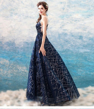 Fancy Blue A Line Sleeveless Open Back Long Prom Evening Dress GJS481
