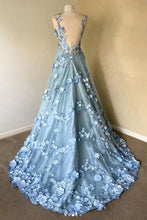 Blue round neck lace long prom dress, blue lace evening dress JKF014|Annapromdress