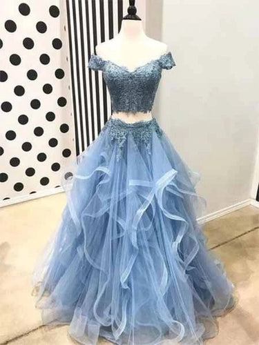 A-Line Off-the-Shoulder Sky Blue Tulle Appliques Long Prom Dress JKQ115|Annapromdress