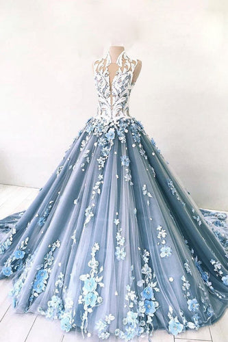 Unique blue tulle lace long prom dress, blue lace tulle evening dress LKF016