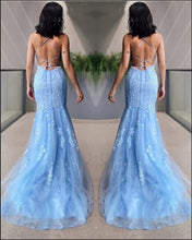 Halter Sky Blue Tulle Lace Appliques Mermaid Long Prom Dresses GJS442