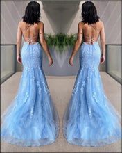 Halter Sky Blue Tulle Lace Appliques Mermaid Long Prom Dresses GJS442