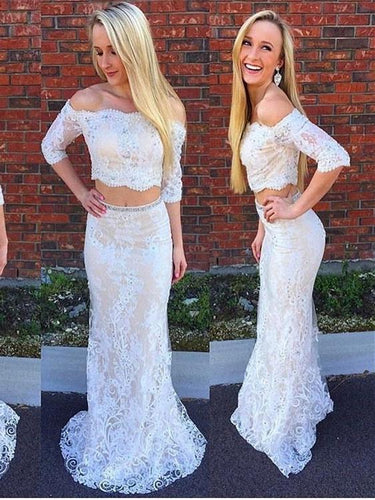 Two Piece Prom Dresses Mermaid Trumpet Off-the-shoulder Short Train White Lace Prom Dress JKS288