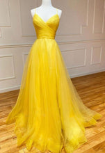 Yellow V-neck Tulle A line Long Prom Formal Dresses GJS385