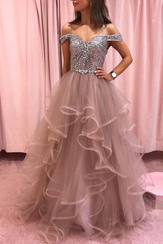 Champagne Tulle off Shoulder Long Prom Dress Tulle Evening Dress JKG014|Annapromdress