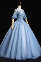 Blue Appliqued Ball Gown Jewel Tulle Off-the-shoulder Long Prom Dress GJS472