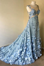 Blue round neck lace long prom dress, blue lace evening dress JKF014|Annapromdress
