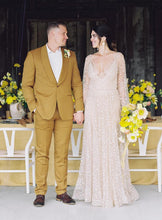 Sparkly Long Sleeve V-neck Wedding Dress Backless A Line Stunning Wedding Dress Bridal Gown YSQ1465