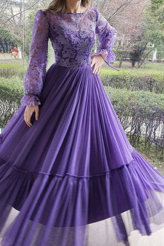 Purple Chiffon Sequins Long Sleeve Prom Evening Dress  GJS361