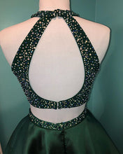 Halter Beaded Green Satin Two Piece Homecoming Dress Short Graduation Dress AN8805|Annapromdress