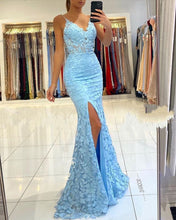Chic Sleeveless V Neck Blue Aplliques Front-Split Mermaiad Prom Dresses  GJS184