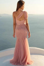 One Shoulder Pink Tulle Beaded Mermaid Prom Dress Formal Evening Gowns JKQ130
