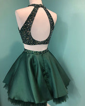 Halter Beaded Green Satin Two Piece Homecoming Dress Short Graduation Dress AN8805|Annapromdress