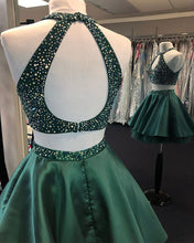 Halter Beaded Green Satin Two Piece Homecoming Dress Short Graduation Dress AN8805|Annapromdress