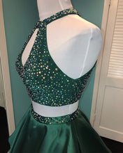 Halter Beaded Green Satin Two Piece Homecoming Dress Short Graduation Dress AN8805|Annapromdress