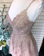 Dusty Blush Tulle Spaghetti Straps V-Neck A-Line Cute Homecoming Dress AN8804|Annapromdress