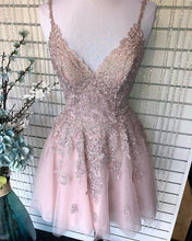 Dusty Blush Tulle Spaghetti Straps V-Neck A-Line Cute Homecoming Dress AN8804|Annapromdress