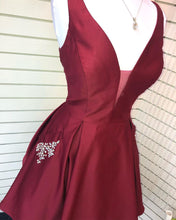 Sexy V-Neck Burgundy Satin Cute Homecoming Dress with Pockets AN8801|Annapromdress