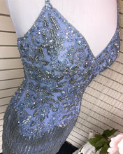 Spaghetti Straps V-Neck Light Blue Beaded Homecoming Dress Short Graduation Dress AN8802|Annapromdress