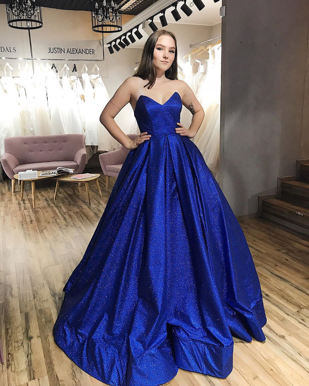 Royal Blue Tulle Strapless V-neck A-Line Sparkle Prom Dress with Pocke – Anna PromDress