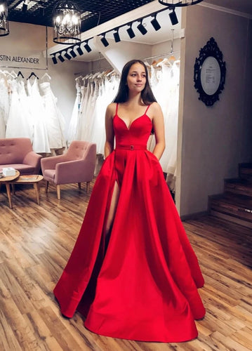 Red Satin A-line V-neck Spaghetti Straps Long Prom Dress with Slit JKQ106