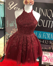 Halter Burgundy Tulle Appliques A-Line Cute Homecoming Dress AN8803|Annapromdress