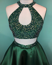 Halter Beaded Green Satin Two Piece Homecoming Dress Short Graduation Dress AN8805|Annapromdress