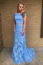 Two Piece Mermaid Off Shoulder Lace Sky Blue Prom Dress JKG028