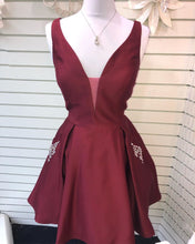 Sexy V-Neck Burgundy Satin Cute Homecoming Dress with Pockets AN8801|Annapromdress