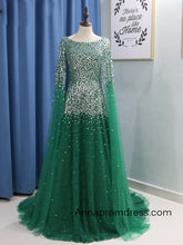 Crystal Beaded A Line Long Prom Dress Modest Tulle Arabic Prom/Evening Dress with Sleeves YSR551