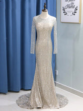 Sparkly Sequin Prom Dresses Long Sleeve O-Neck Mermaid Prom/Evening Dress with Sweep Train YSR1113|Annapromdress