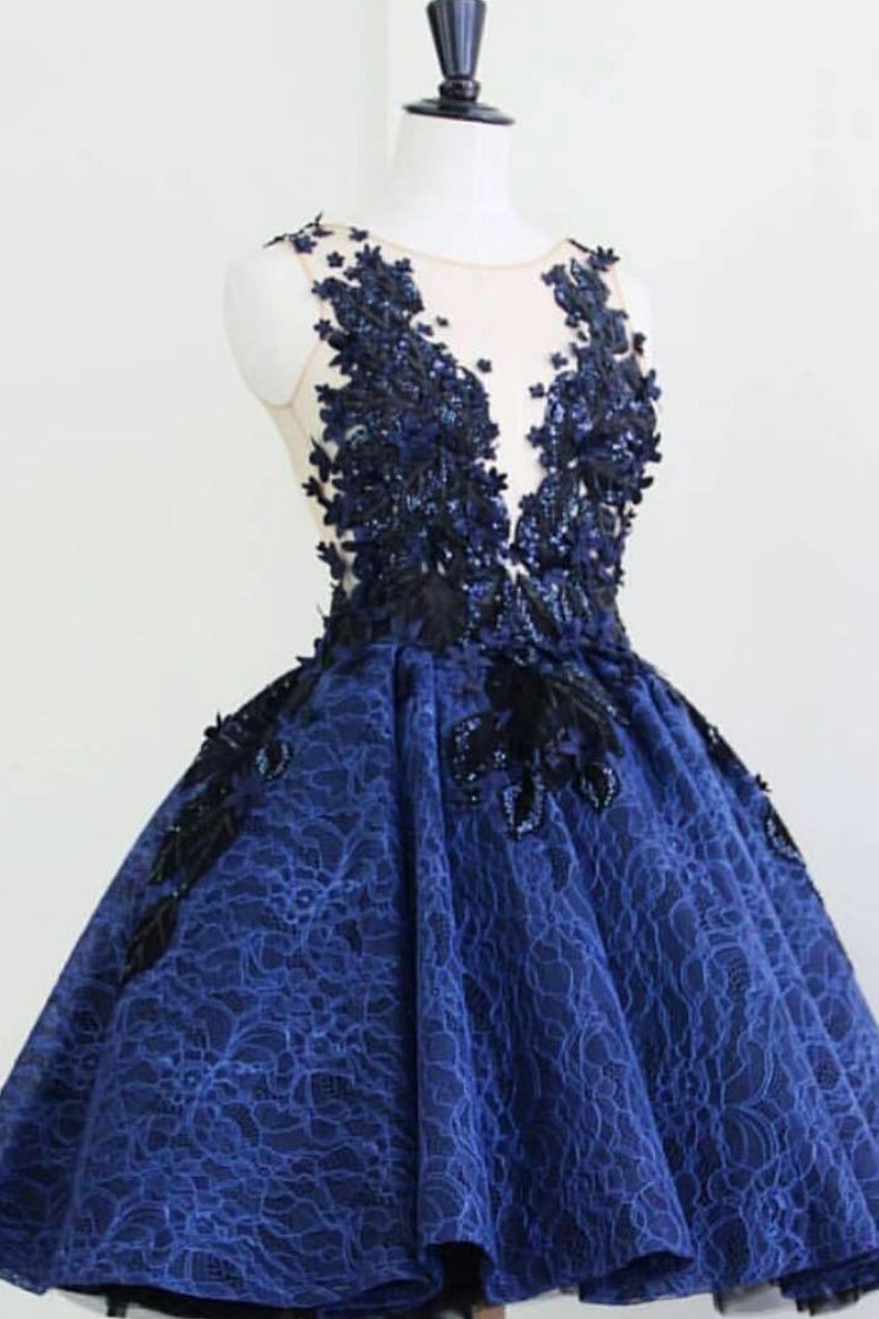 Blue round neck lace short prom dress, blue lace evening dress JKF01Annapromdress