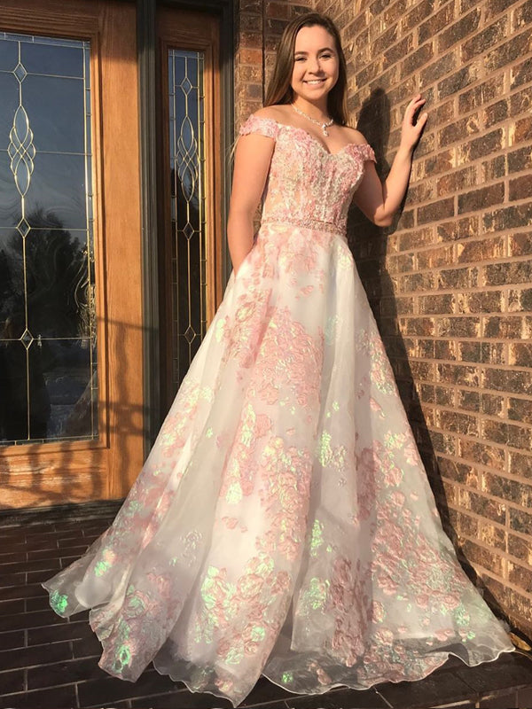Off The Shoulder Halter Long A-Line Prom Dress with Appliques Lace